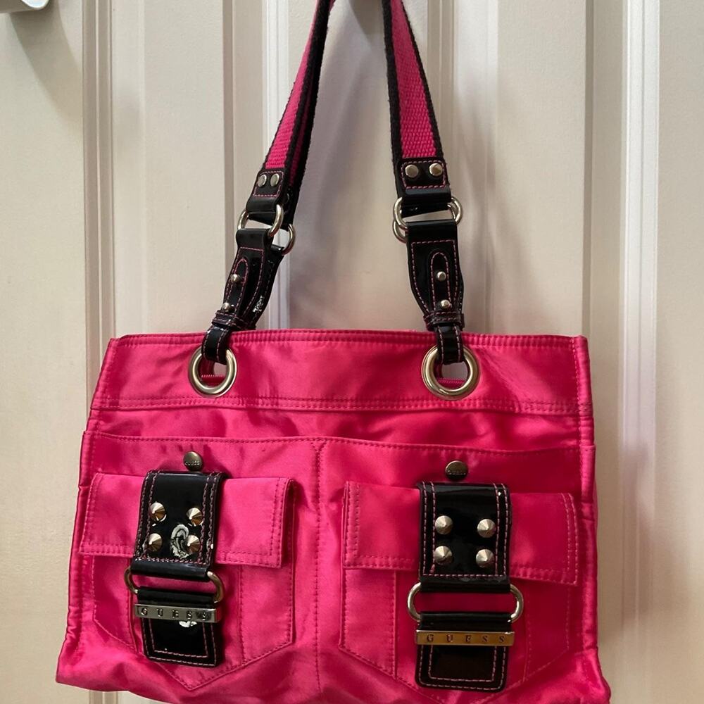 Vintage GUESS Pink Satin Handbag Y2K Shoulder Bag Black Patent Studded Buckle